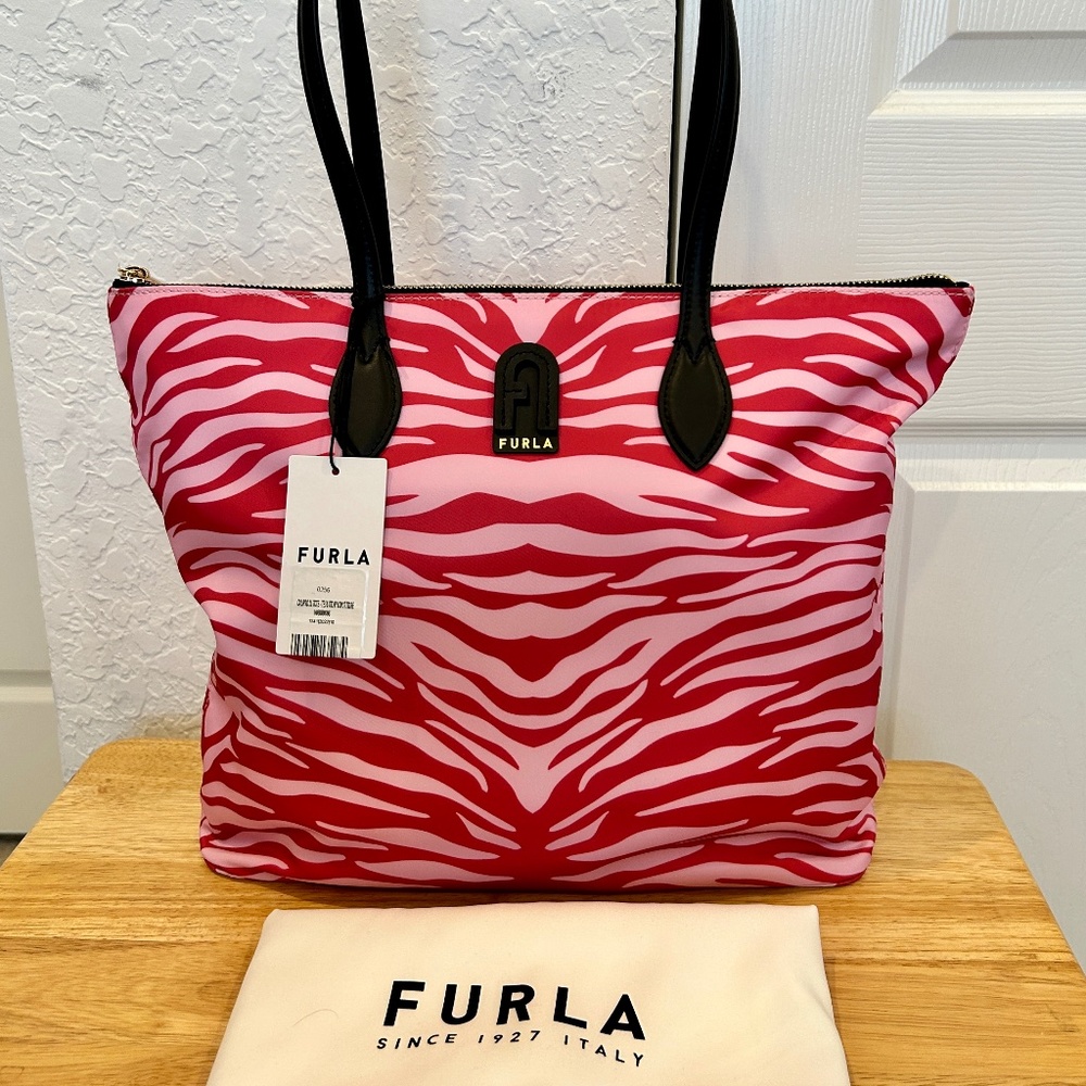 FURLA Calipso Nylon Tote Pink Animal Stripe